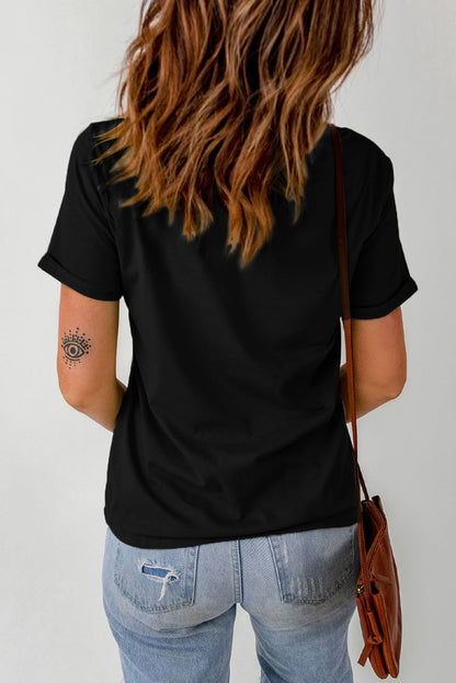 Graphic Cuffed Sleeve Round Neck Tee-Jewearrings