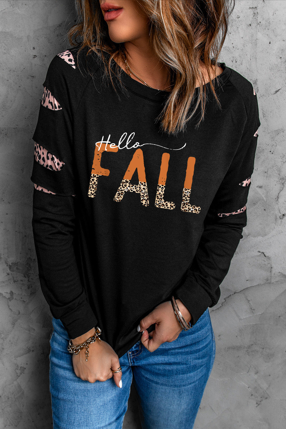 Double Take Leopard Long Sleeve Round Neck HELLO FALL Graphic Sweatshirt-Jewearrings