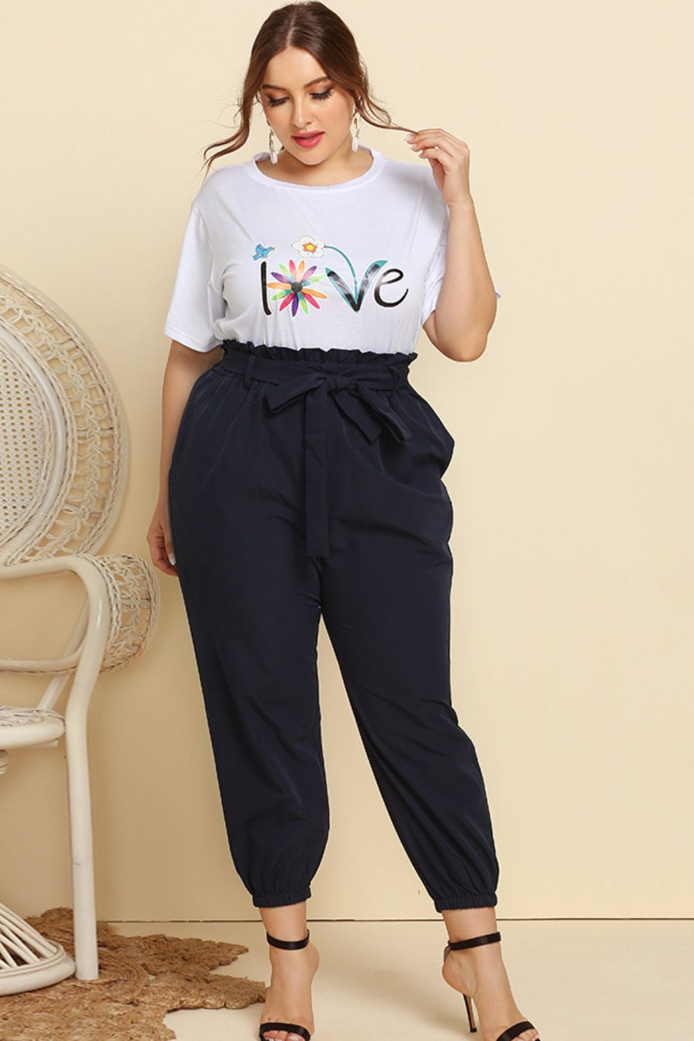 Graphic Tee and Belted Paperbag Joggers Set-Jewearrings