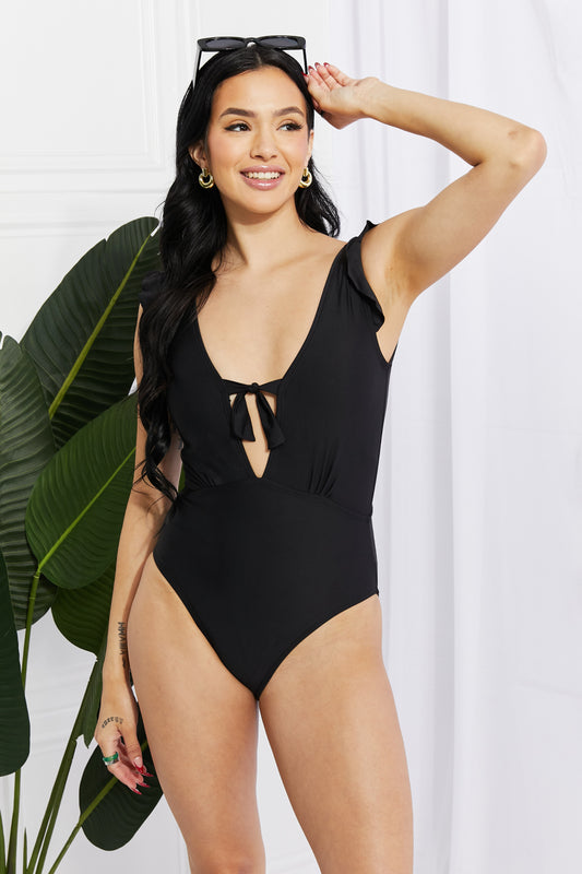 Marina West Swim Seashell Ruffle Sleeve One-Piece in Black-Jewearrings