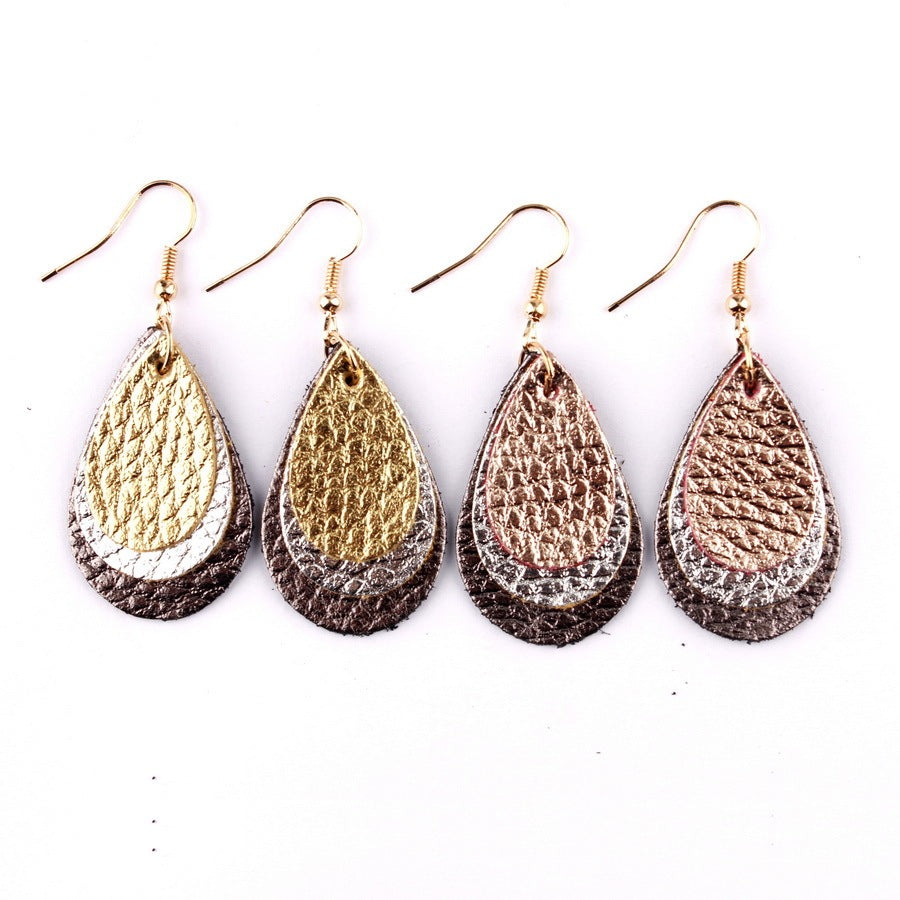 Three Layered Glitter Pride Litchi Print PU Leather Teardrop Earrings Rose Gold Multi-layer Leather Hook Earrings Brincos-Jewearrings