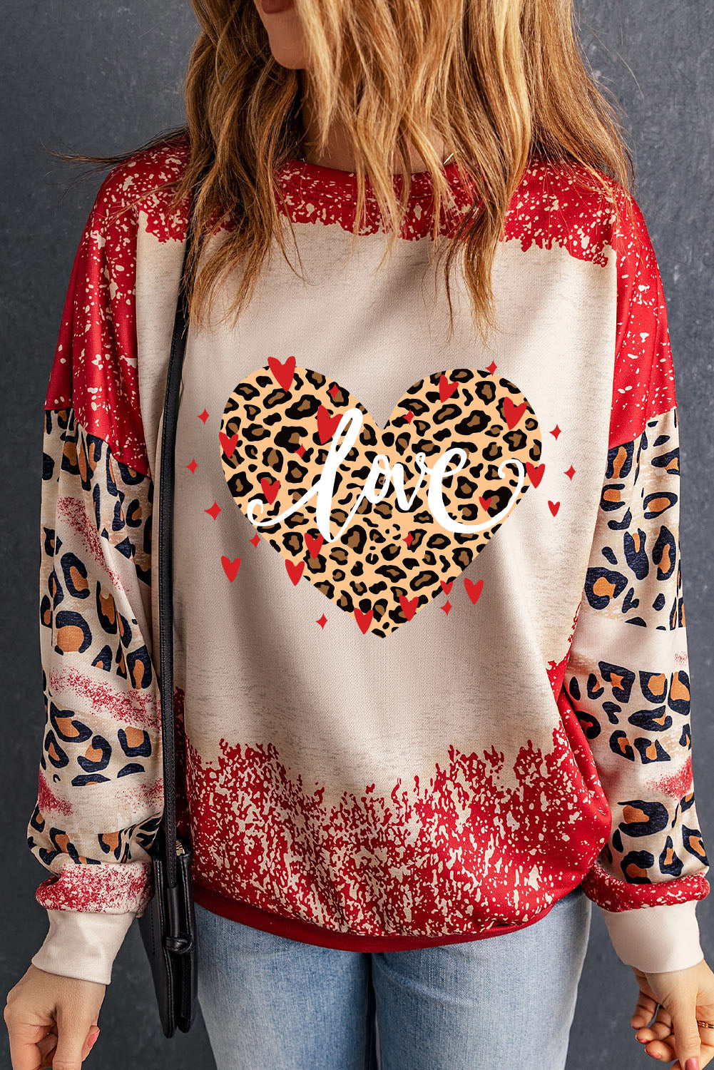 LOVE Heart Leopard Round Neck Sweatshirt-Jewearrings