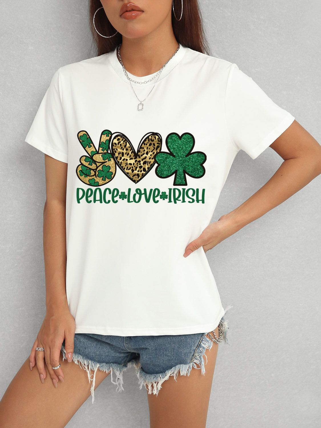 PEACE LOVE IRISH Round Neck Short Sleeve T-Shirt-Jewearrings