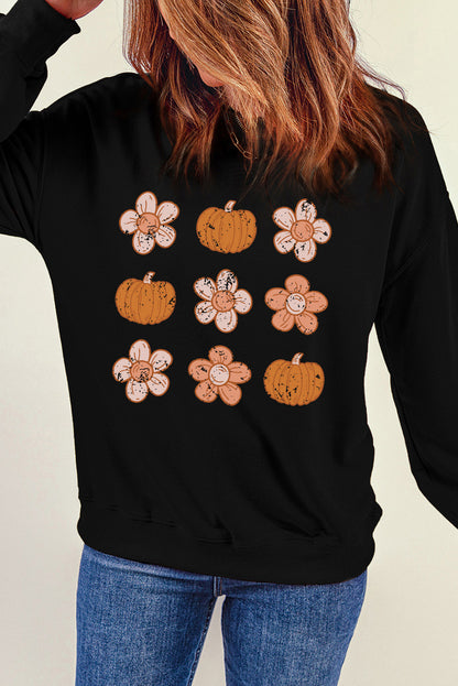 Simply Love Round Neck Long Sleeve Pumpkin & Flower Graphic Sweatshirt-Jewearrings