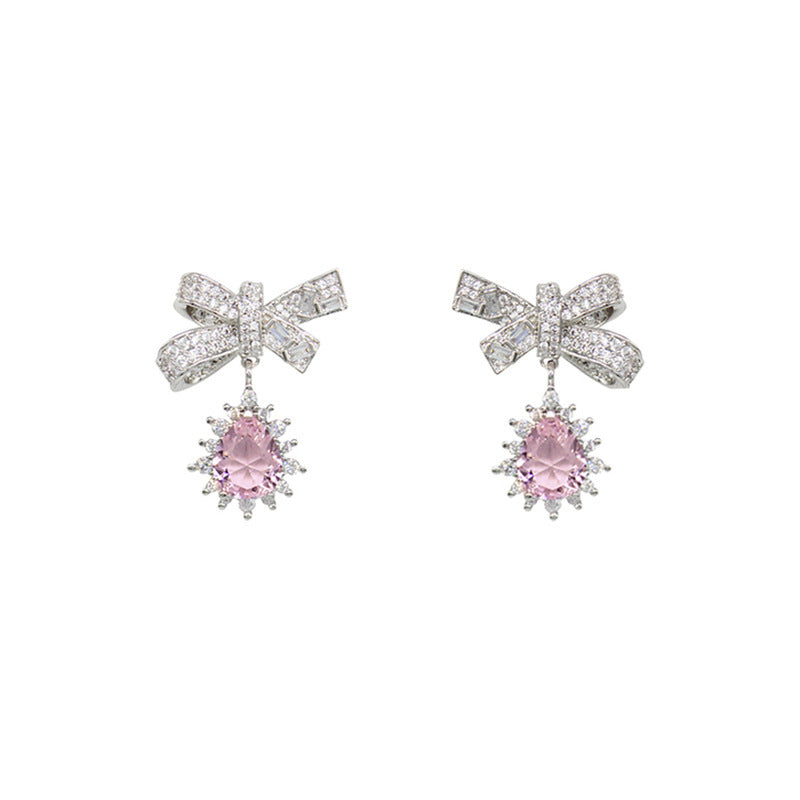 Gray-pink Zircon Bow Stud Earrings-Jewearrings