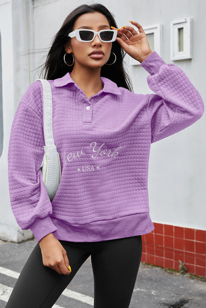 NEW YORK USA Quarter Button Dropped Shoulder Sweatshirt-Jewearrings