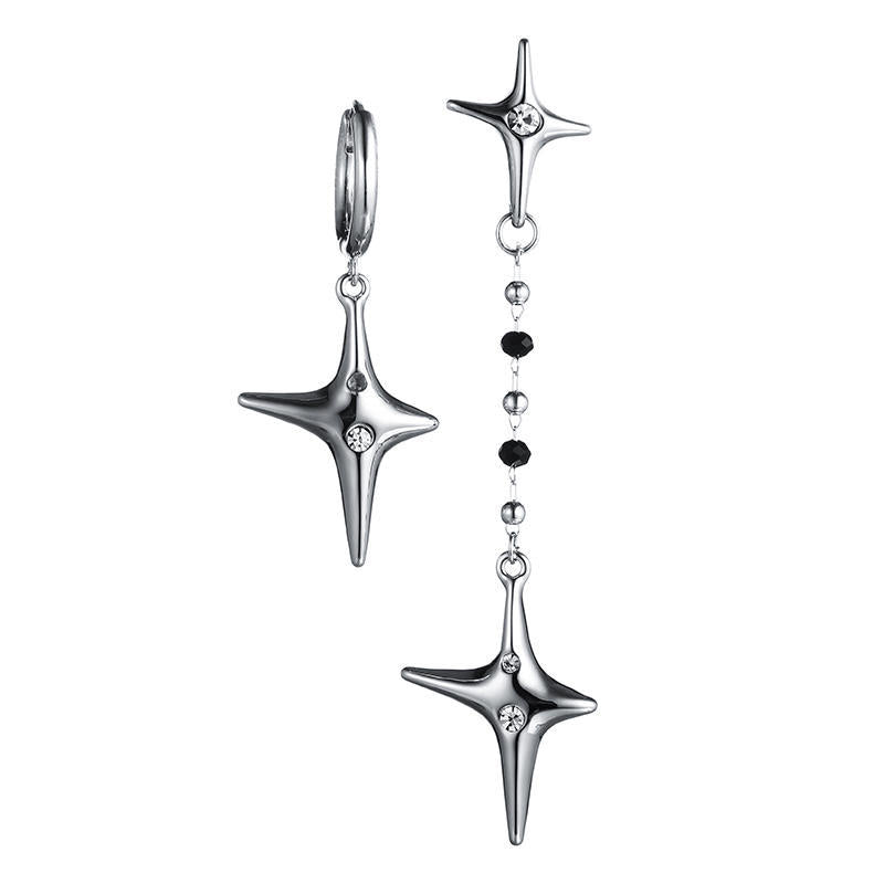 Female Minority Design Asymmetric Four Star Silver Needle Earrings-Jewearrings