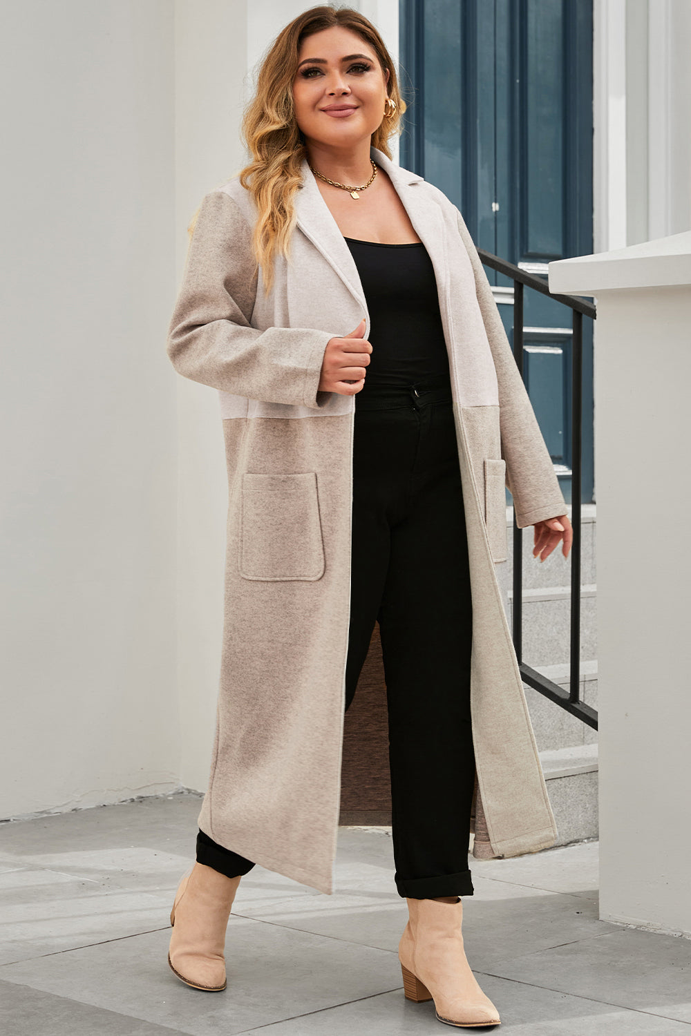 Plus Size Collared Neck Buttoned Longline Coat-Jewearrings