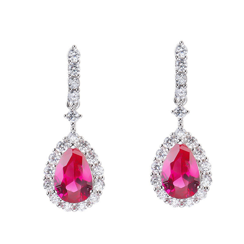 Female Sterling Silver Inlaid Red Corundum Zircon Water Drop Earrings-Jewearrings