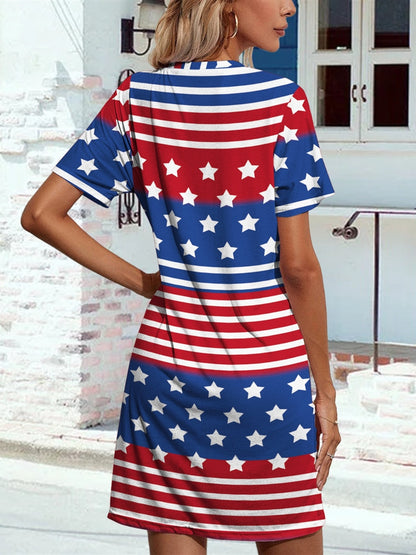 Pocketd US Flag Printed Short Sleeve Dress-Jewearrings