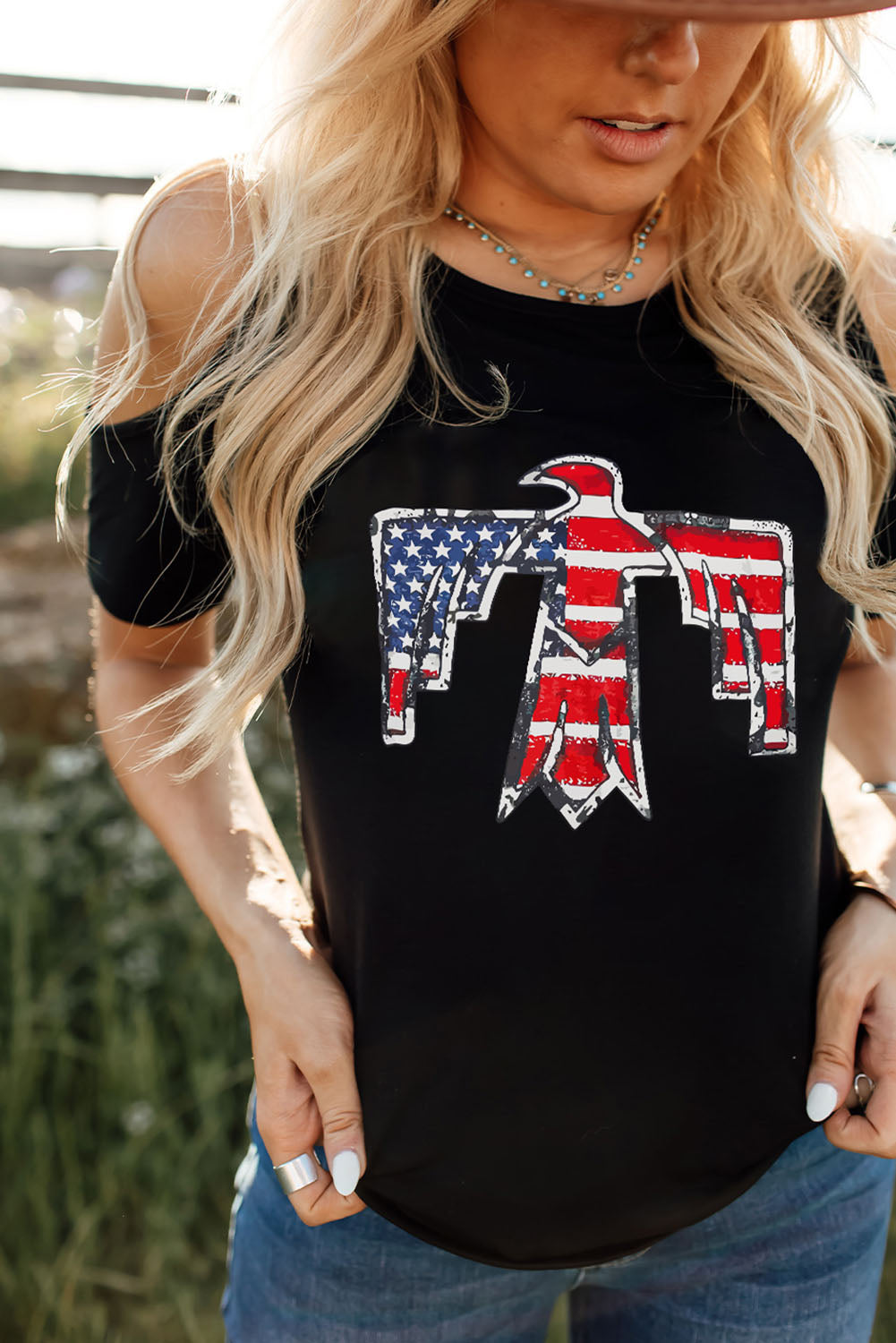 US Flag Bird Graphic Cold-Shoulder Tee-Jewearrings