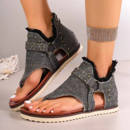 Studded Raw Hem Flat Sandals-Jewearrings