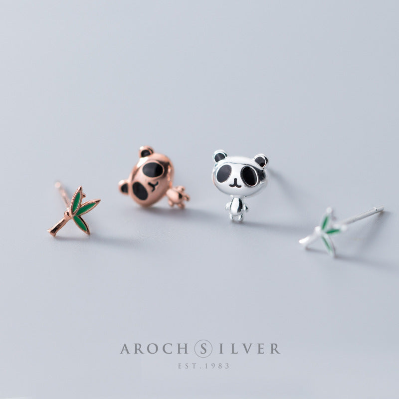 S925 Silver Stud Earrings For Women Japanese And Korean Style Cute Fashion Panda Stud Earrings Asymmetric Sweet Bamboo Ear Rings E9972-Jewearrings