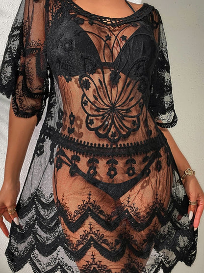 Lace Round Neck Half Sleeve Cover-Up-Jewearrings