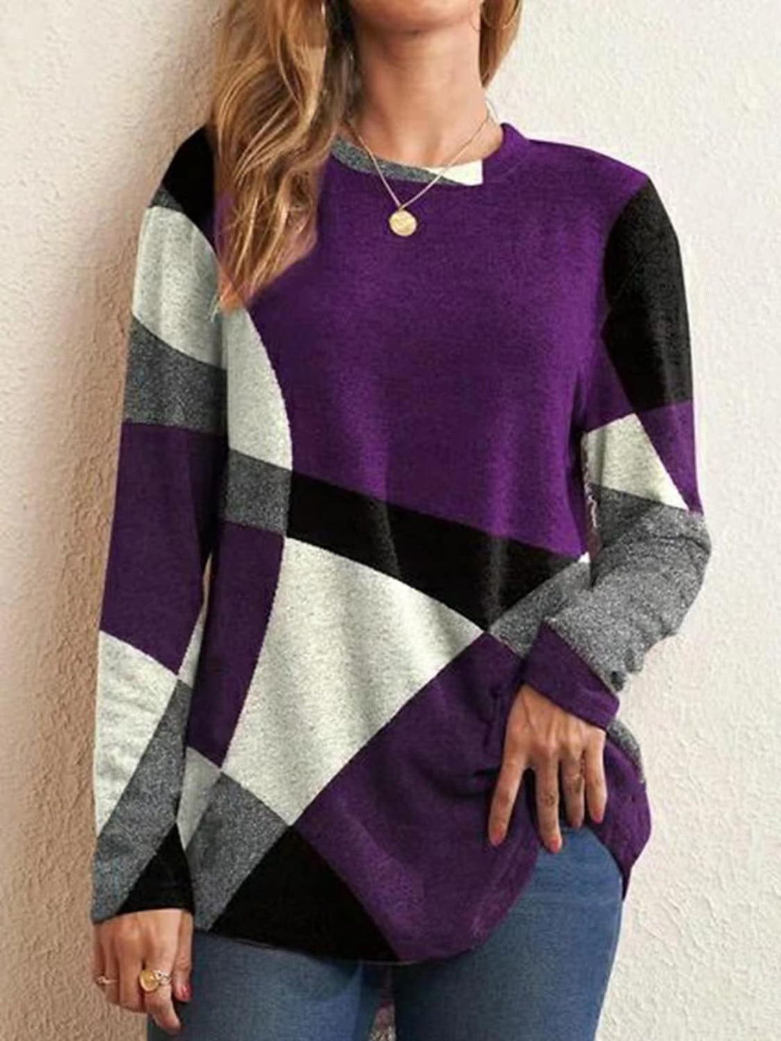 Geometric Round Neck Long Sleeve T-Shirt-Jewearrings