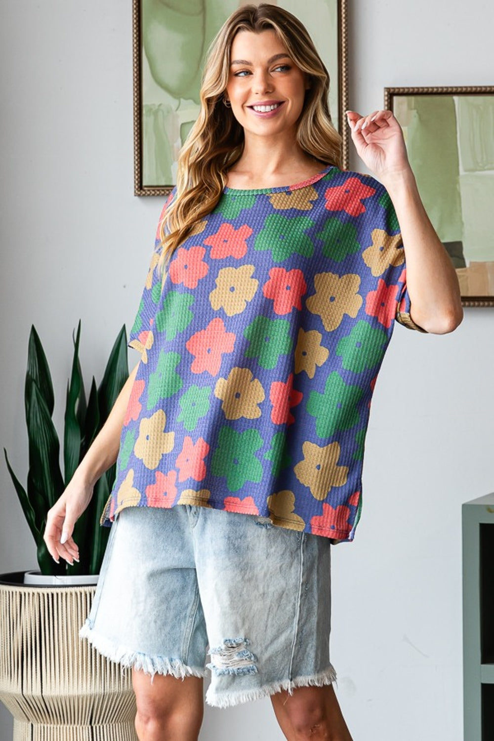 HOPELY Full Size Floral Round Neck Side Slit T-Shirt-Jewearrings