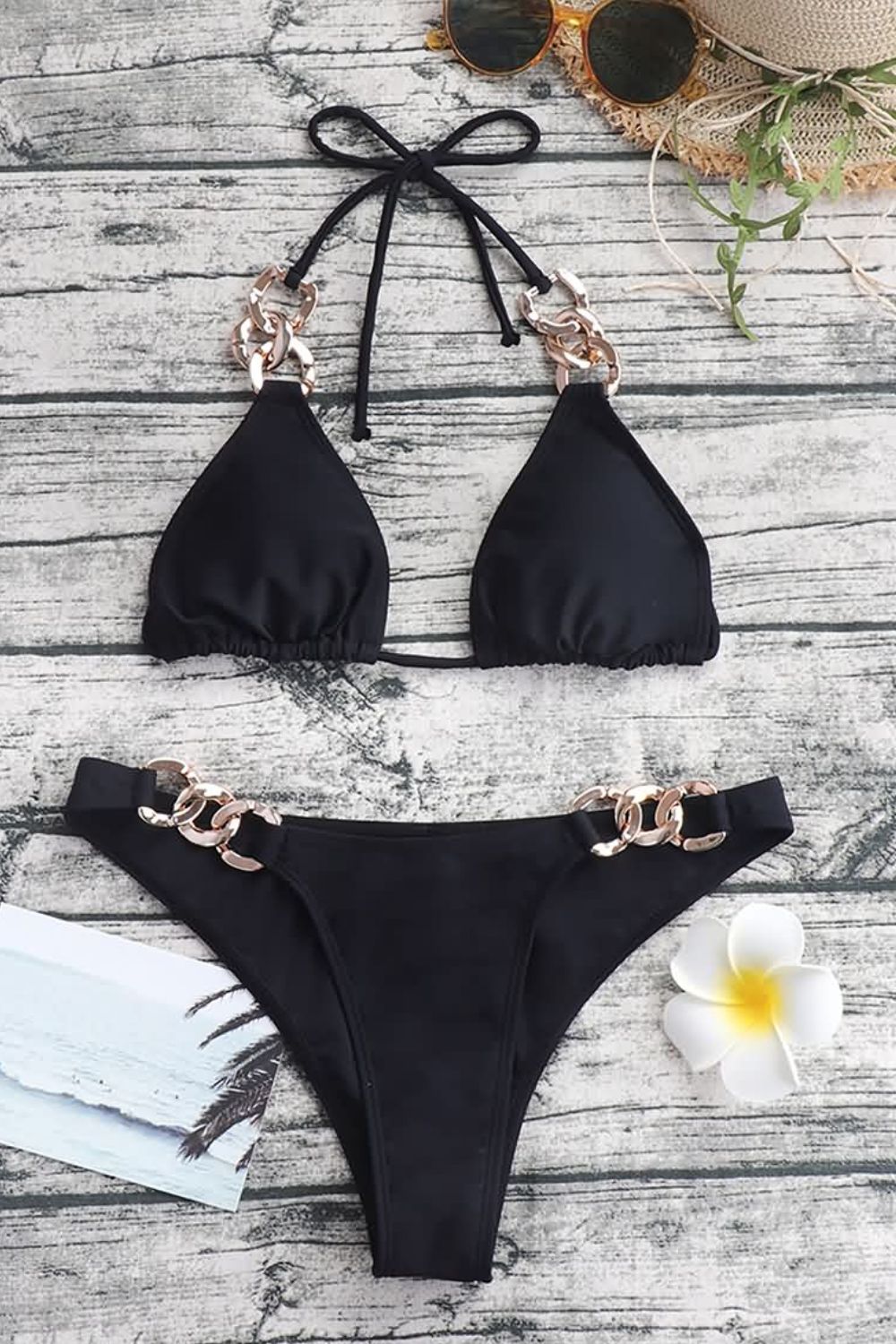 Chain Detail Tied Halter Neck Bikini Set-Jewearrings