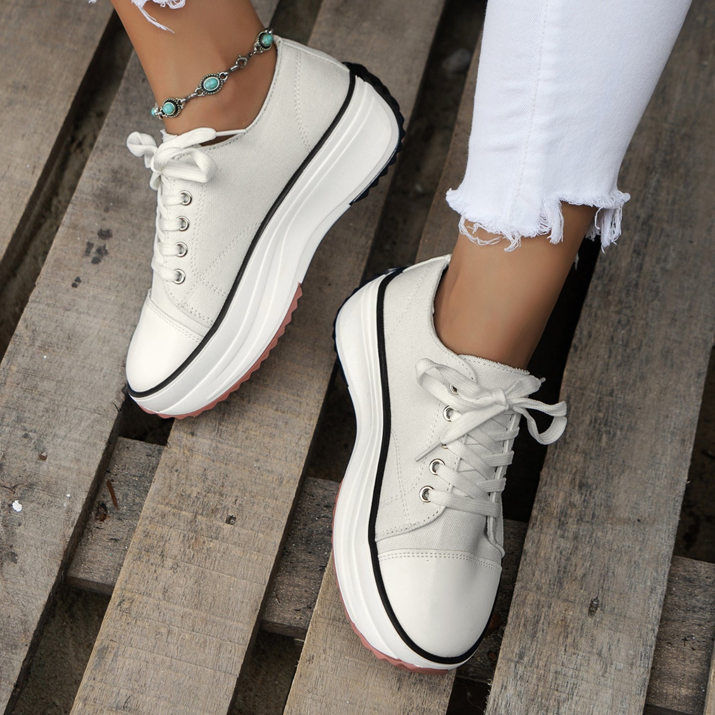 Contrast Trim Round Toe Platform Canvas Sneakers-Jewearrings