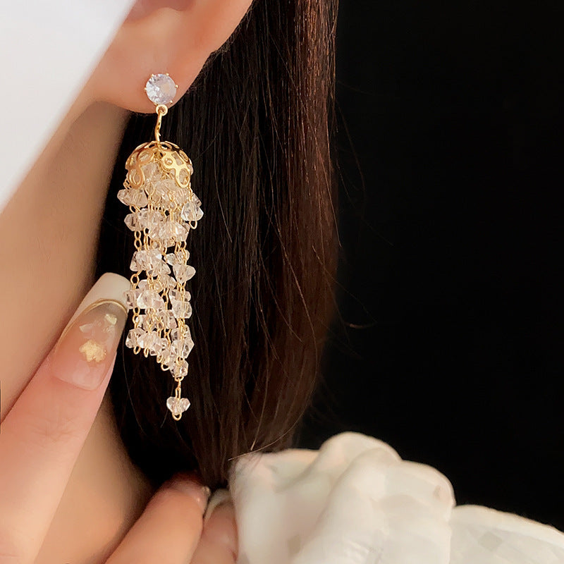 Real Gold Plating Silver Needle Zircon Tassel Dangle Earrings-Jewearrings