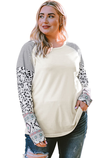 Plus Size Mixed Print Raglan Sleeve Round Neck Top-Jewearrings