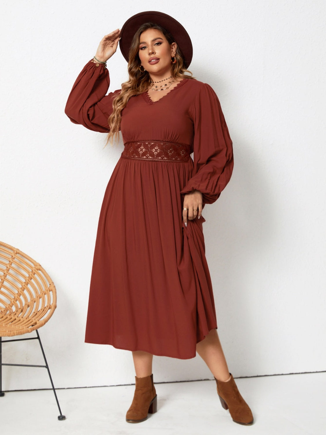 Plus Size Lace Detail V-Neck Balloon Sleeve Dress-Jewearrings