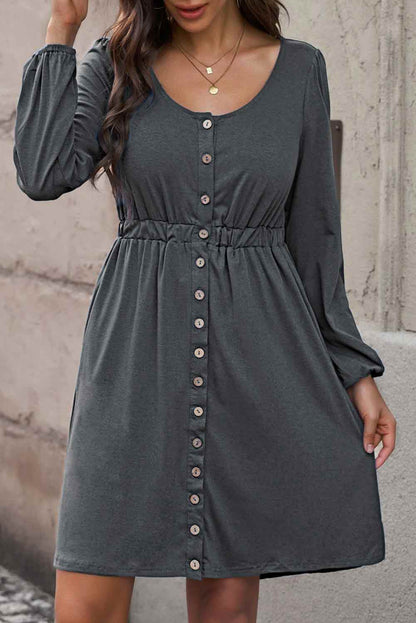 Plus Size Button Front Elastic Waist Long Sleeve Dress-Jewearrings