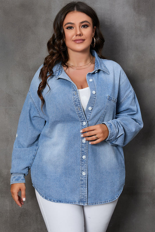 Plus Size Button Up Pocketed Denim Top-Jewearrings