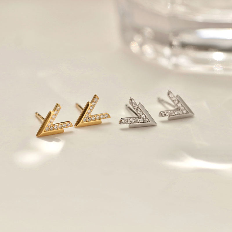 Zircon Inlaid Silver Double V Earrings Letters-Jewearrings