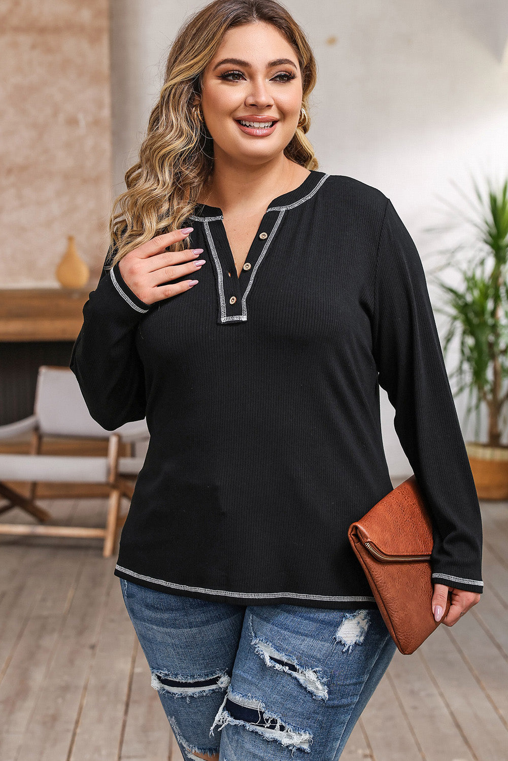 Plus Size Notched Neck Long Sleeve T-Shirt-Jewearrings