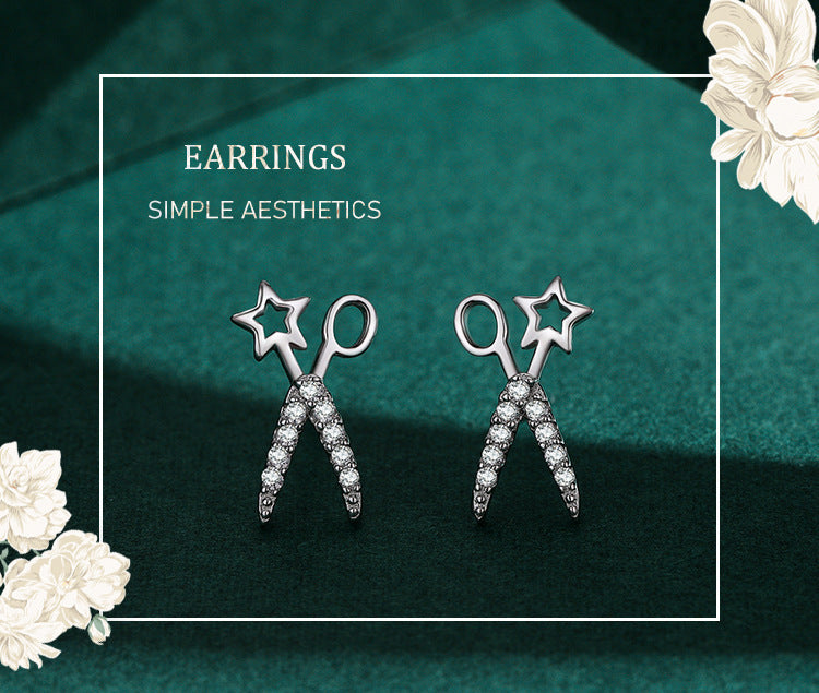 S925 Sterling Silver Star Scissor Stud Earrings-Jewearrings