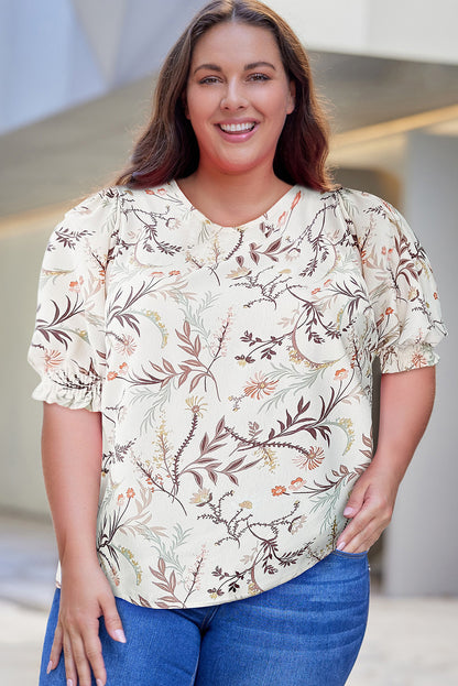 Plus Size Floral Fuff Sleeve Top-Jewearrings