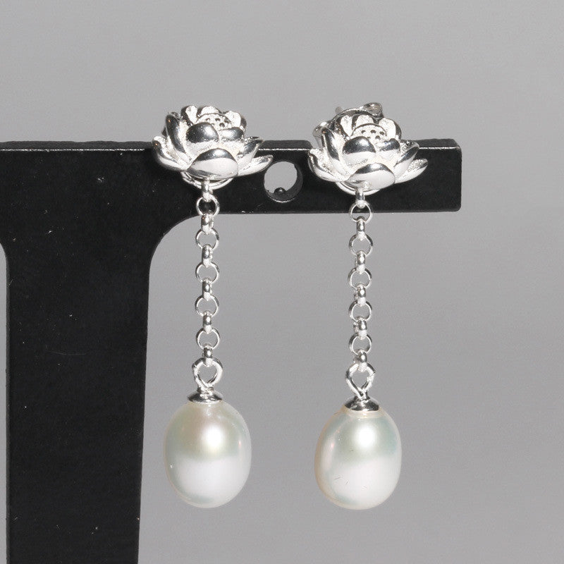 Lotus Natural Freshwater Real Pearl Earrings Long Earrings-Jewearrings