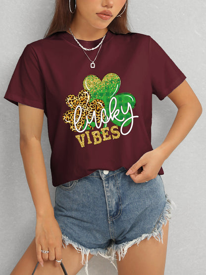 LUCKY VIBES Round Neck Short Sleeve T-Shirt-Jewearrings