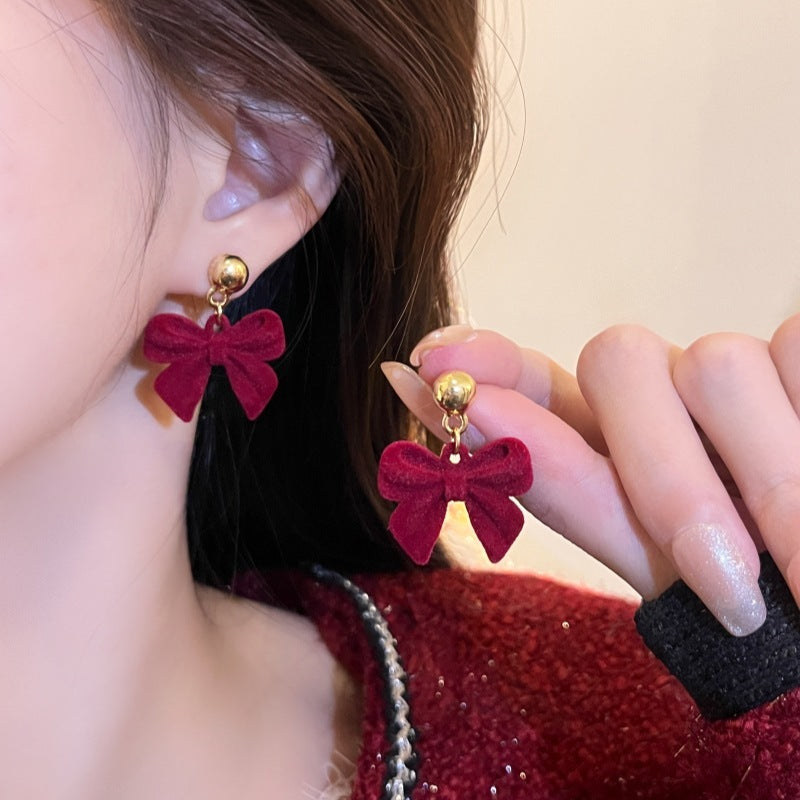 Wine Red Flocking Bow Stud Earrings Women's-Jewearrings