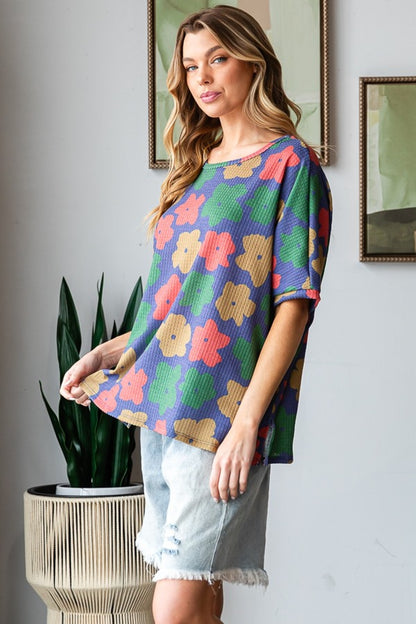 HOPELY Full Size Floral Round Neck Side Slit T-Shirt-Jewearrings