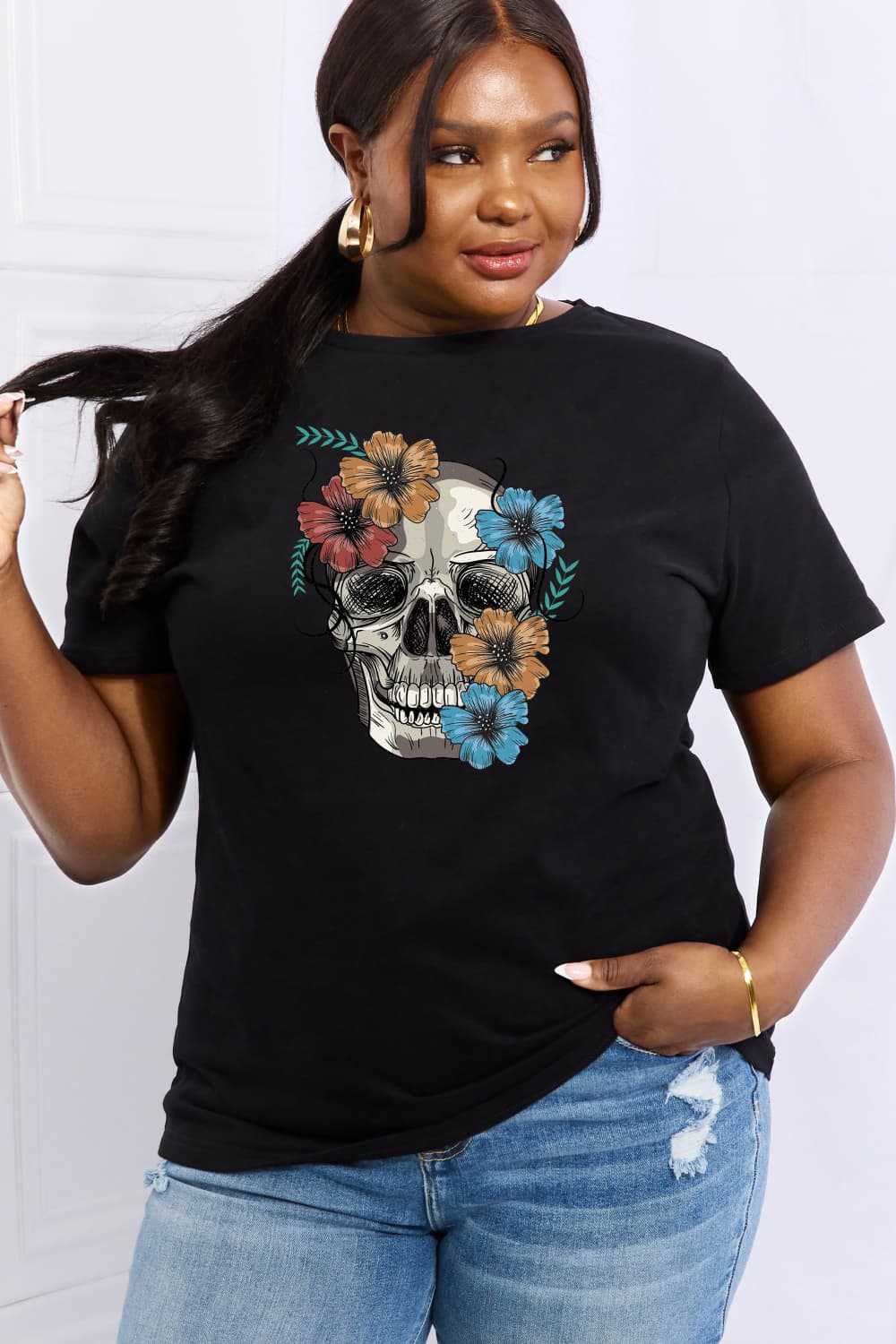 Simply Love Full Size Flower Skull Graphic Cotton Tee-Jewearrings