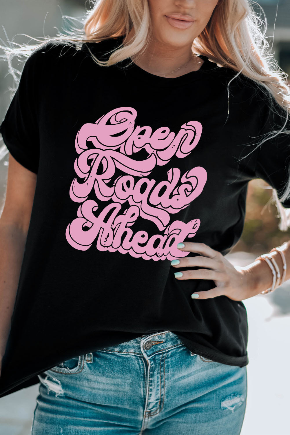 Round Neck Short Sleeve OPEN ROADS AHEAD Graphic Tee-Jewearrings