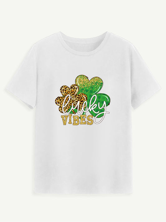 LUCKY VIBES Round Neck Short Sleeve T-Shirt-Jewearrings