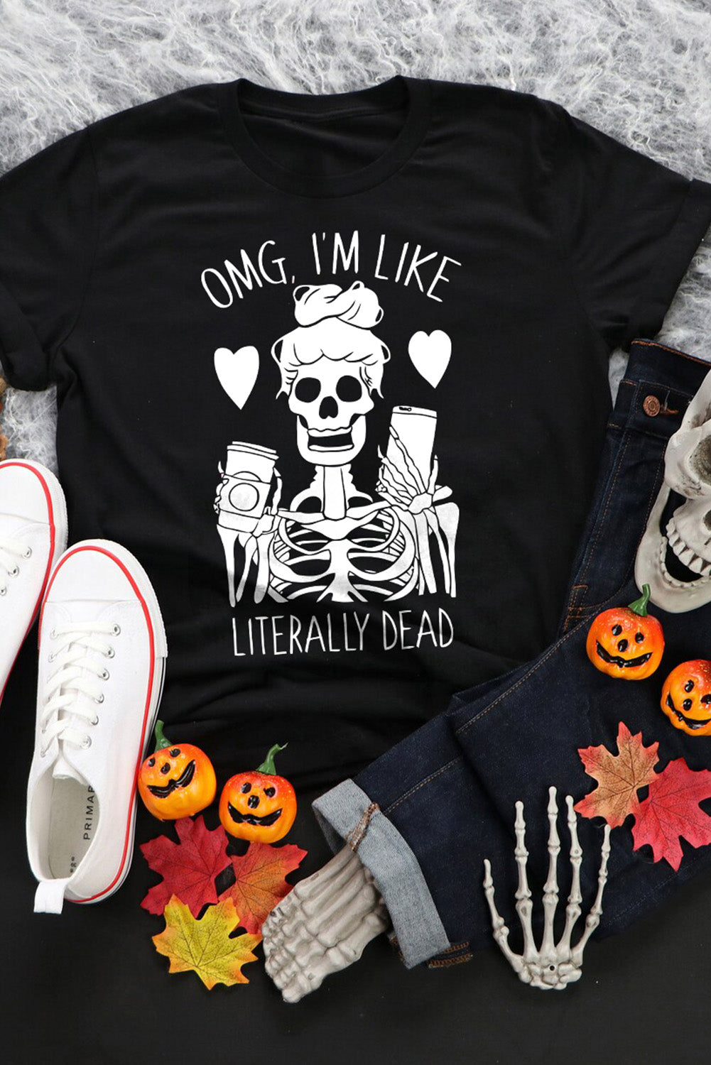 Halloween Skeleton Graphic Round Neck Tee-Jewearrings