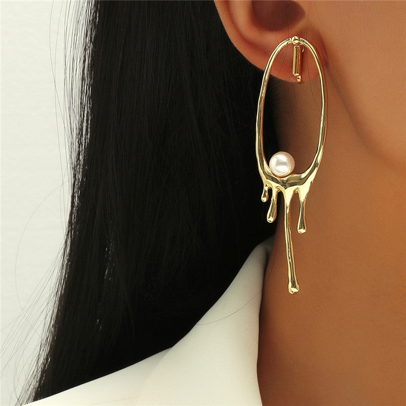 Oval Irregular Metal Lava Pearl Long Earrings-Jewearrings