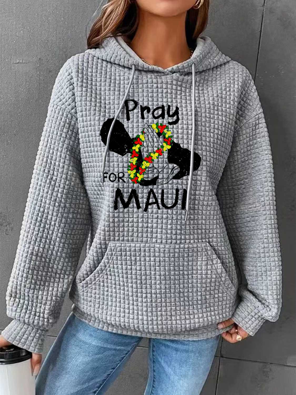 Full Size PRAY FOR MAUI Graphic Drawstring Hoodie-Jewearrings