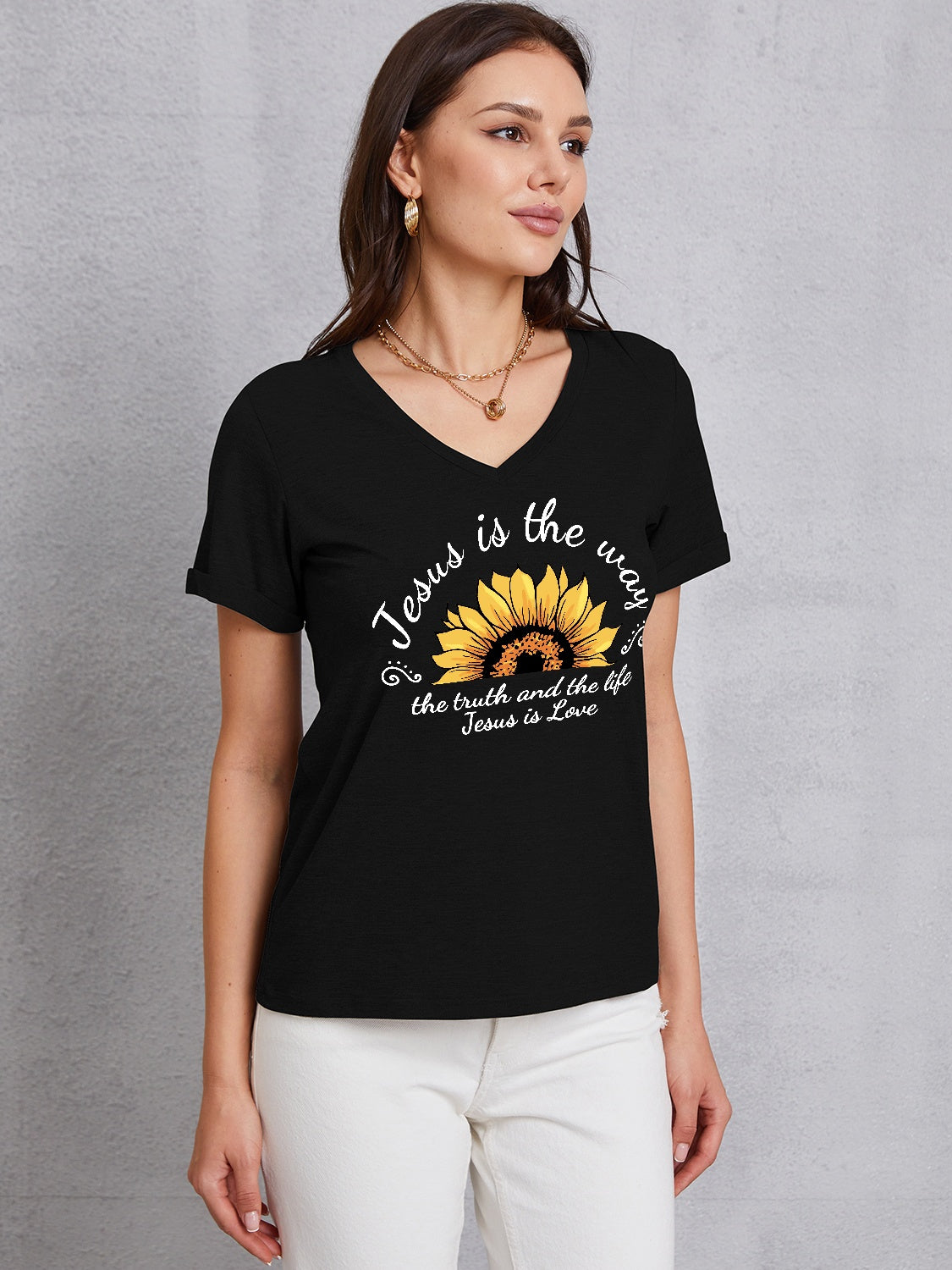 Sunflower V-Neck Short Sleeve T-Shirt-Jewearrings