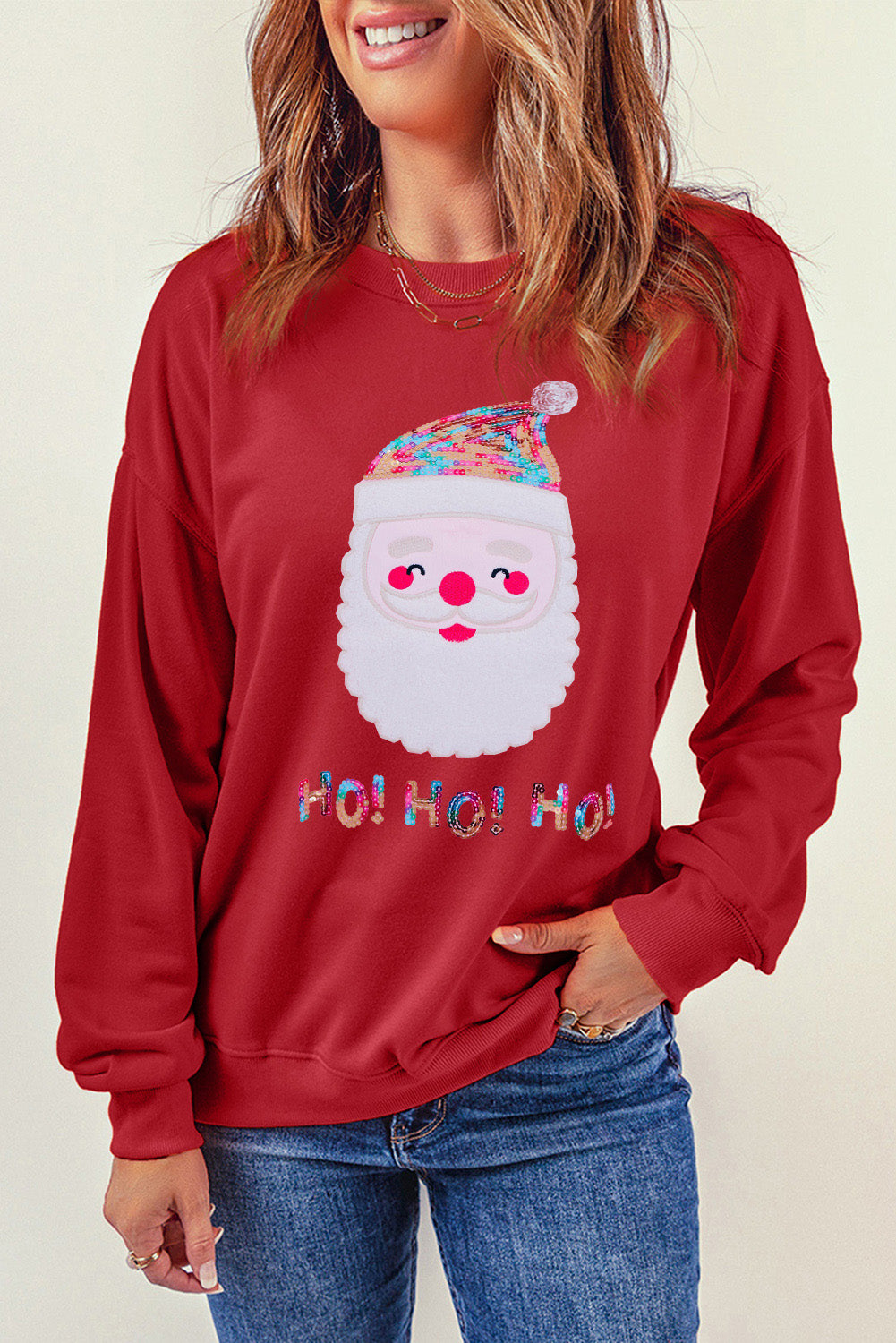 Sequin Santa Graphic Round Neck Sweatshirt-Jewearrings