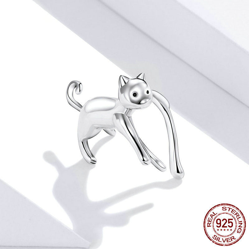 Single Sterling Silver S925 Cute Kitten Simple Girls Earrings-Jewearrings