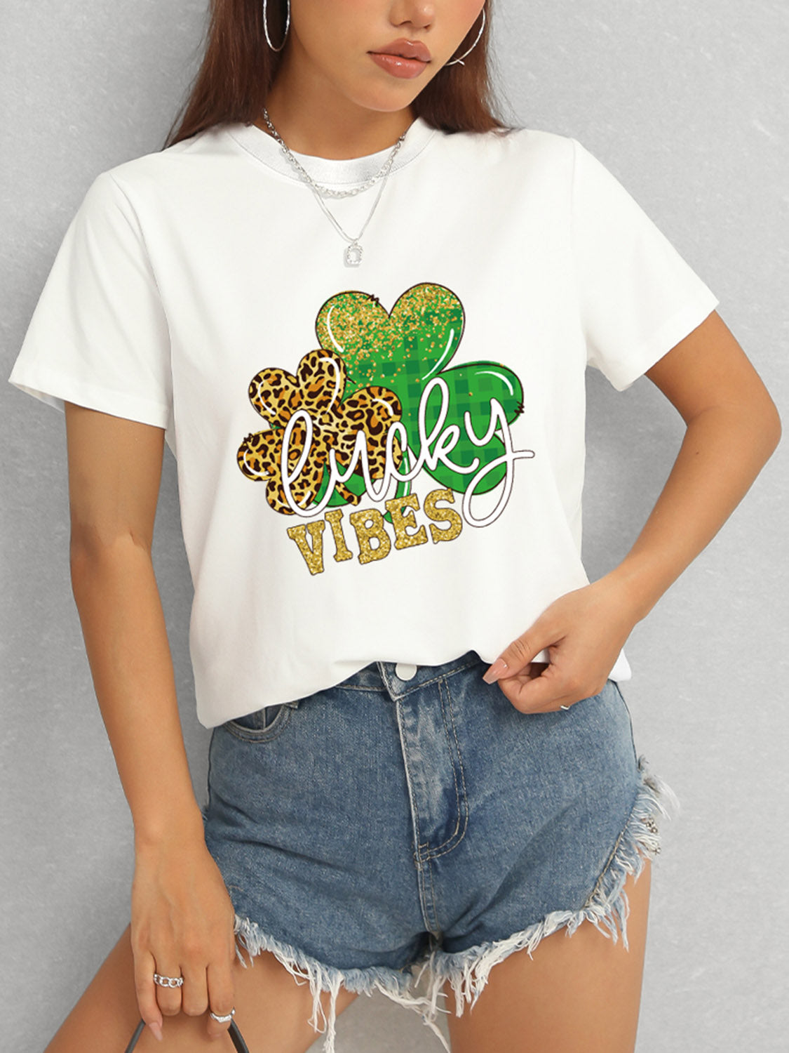 LUCKY VIBES Round Neck Short Sleeve T-Shirt-Jewearrings