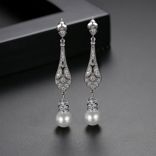 Korean Style Simple Long Pearl Women's Copper Inlaid Zirconium Earrings-Jewearrings