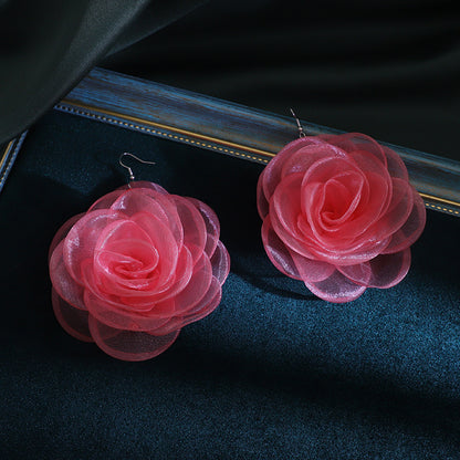 Chiffon Retro Three-dimensional Advanced Rose Camellia Stud Earrings-Jewearrings