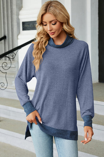 Slit Mock Neck Long Sleeve T-Shirt-Jewearrings