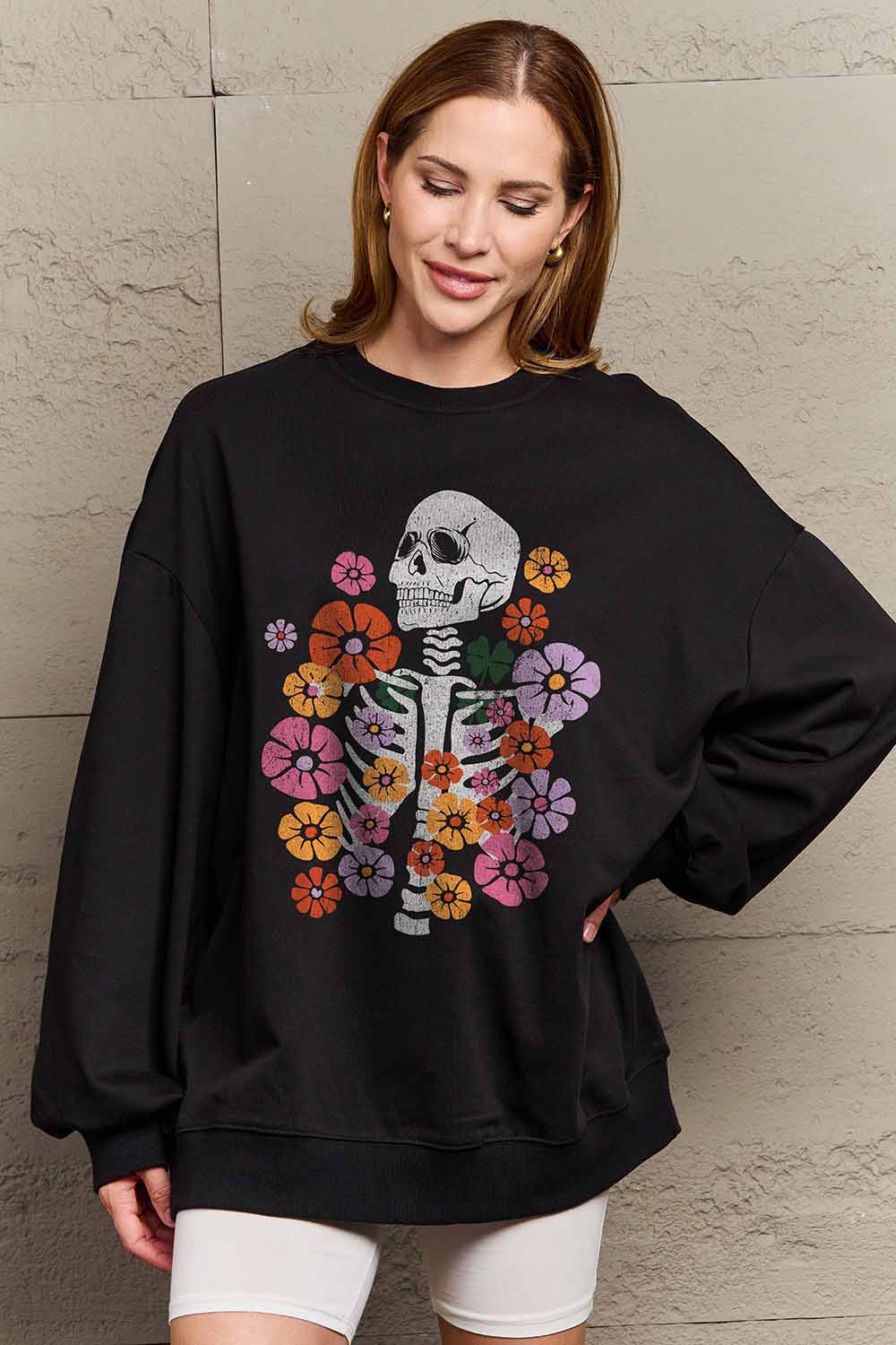 Simply Love Simply Love Full Size Flower Skeleton Graphic Sweatshirt-Jewearrings