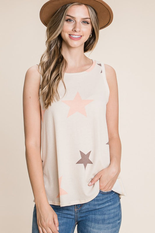 BOMBOM Star Print Round Neck Tank-Jewearrings